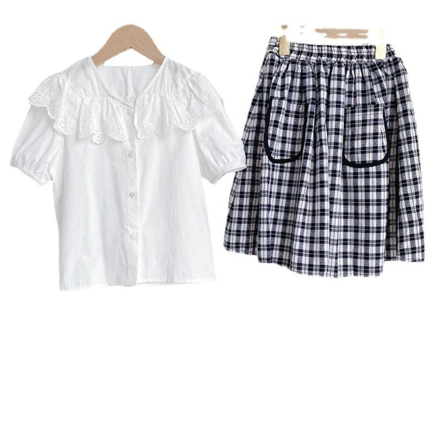 Girls TAKIBABE | Girls' Casual Blouse And Plaid Skirt Two Pieces Set Blouse + Skirt Two Pieces Set