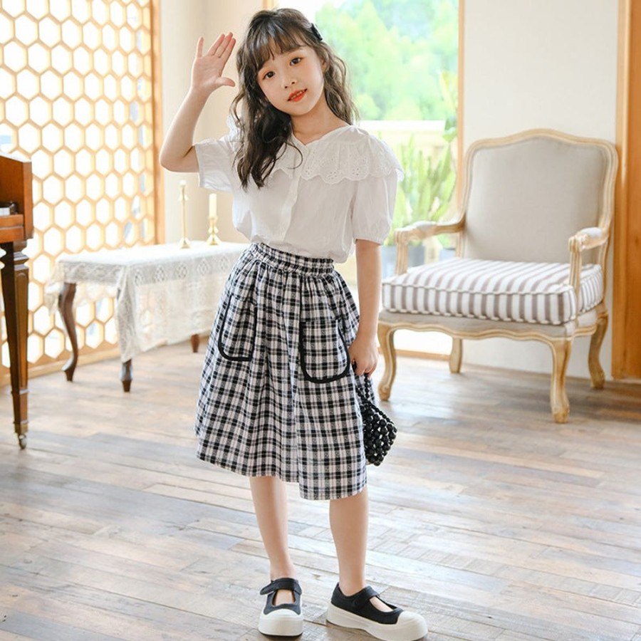 Girls TAKIBABE | Girls' Casual Blouse And Plaid Skirt Two Pieces Set Blouse + Skirt Two Pieces Set