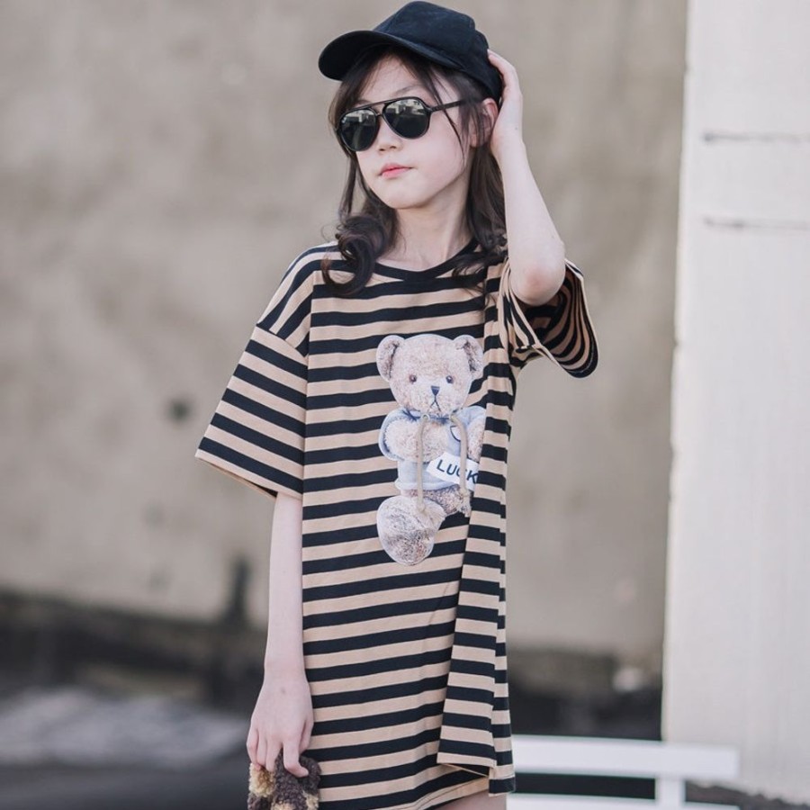 Girls BEST DEAR | Girls' Mid-Length Striped Short-Sleeved T-Shirt