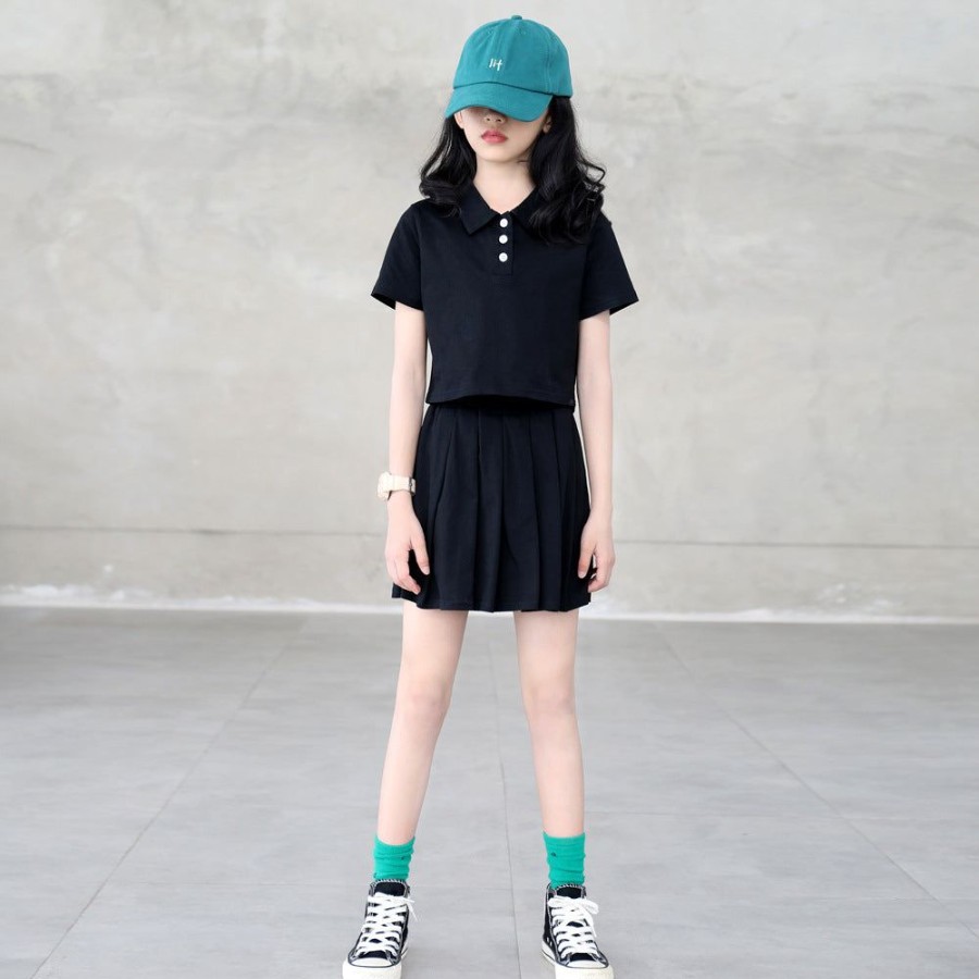 Girls MOMMY GIRL | Plain Color Polo Shirt And Skort Two Pieces Set