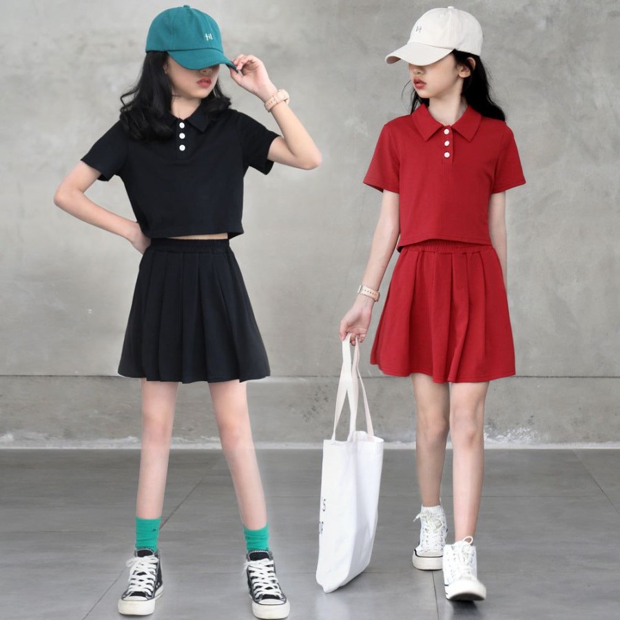 Girls MOMMY GIRL | Plain Color Polo Shirt And Skort Two Pieces Set